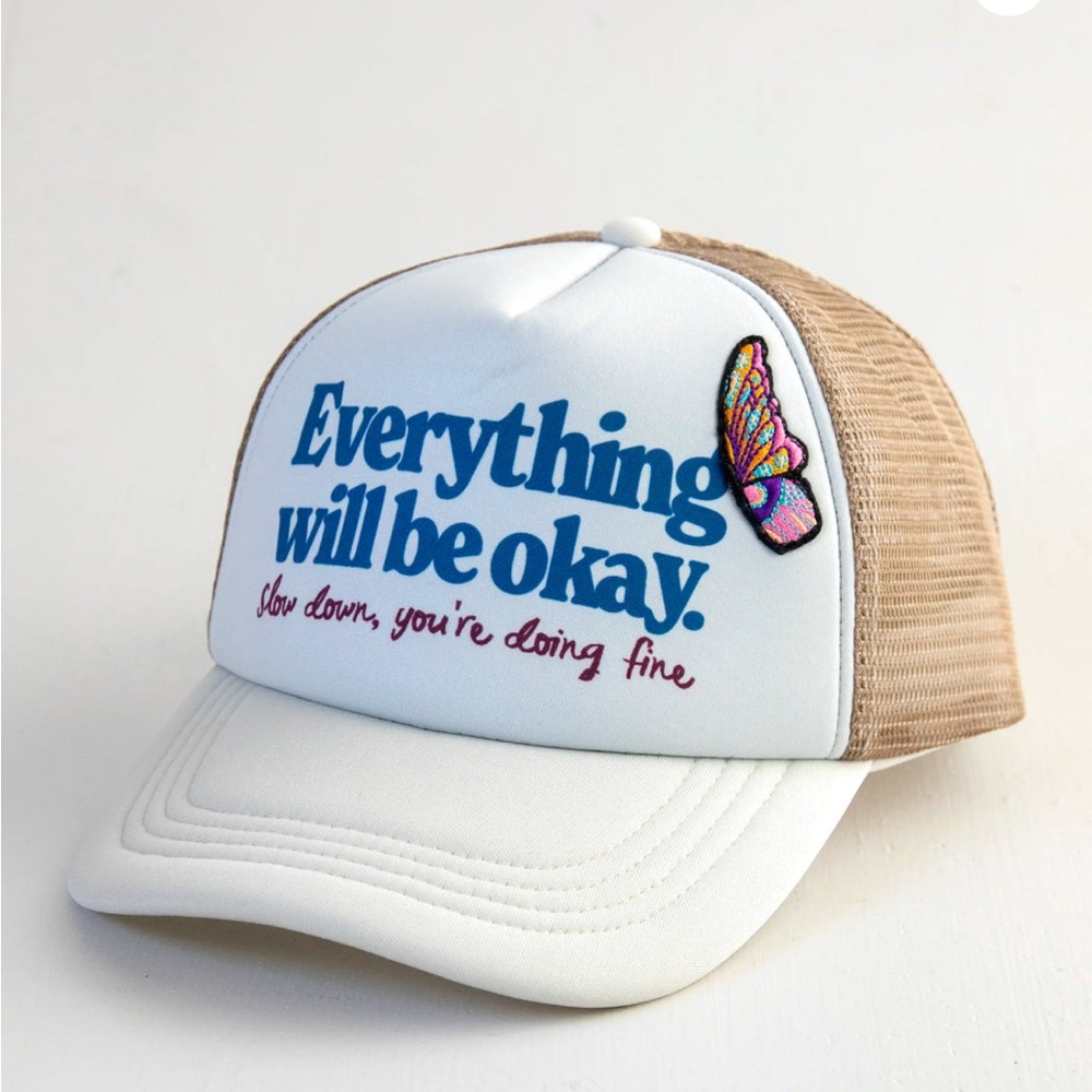White and Tan Adjustable Trucker Hat with Butterfly Patch NWT